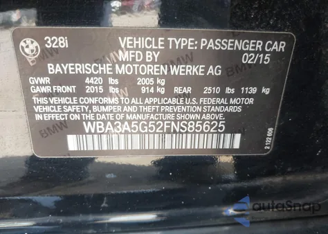 2015 BMW 328I z USA, uszkodzony, nr VIN WBA3A5G52FNS85625